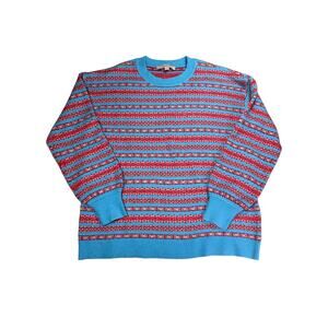 LOFT Fair Isle Sweater Womens M Blue Red Nordic Crewneck Cotton Blend
